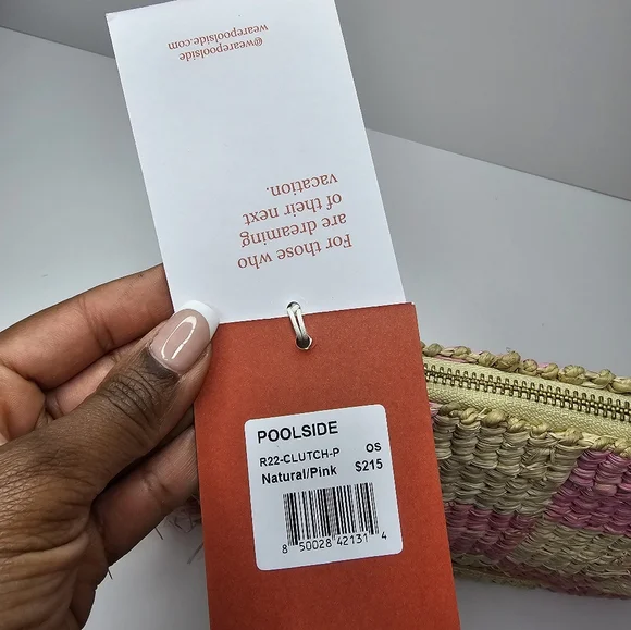 Poolside Clutch Natural/Pink Checkered Fringe Clutch Straw NWT Upcycled Organic - Picture 8 of 13